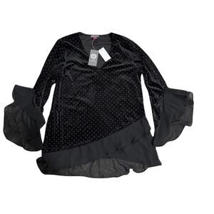 Vince Camuto Layered Polka Dot V-Neck Blouse Women's S Rich Black 3/4 Sleeve